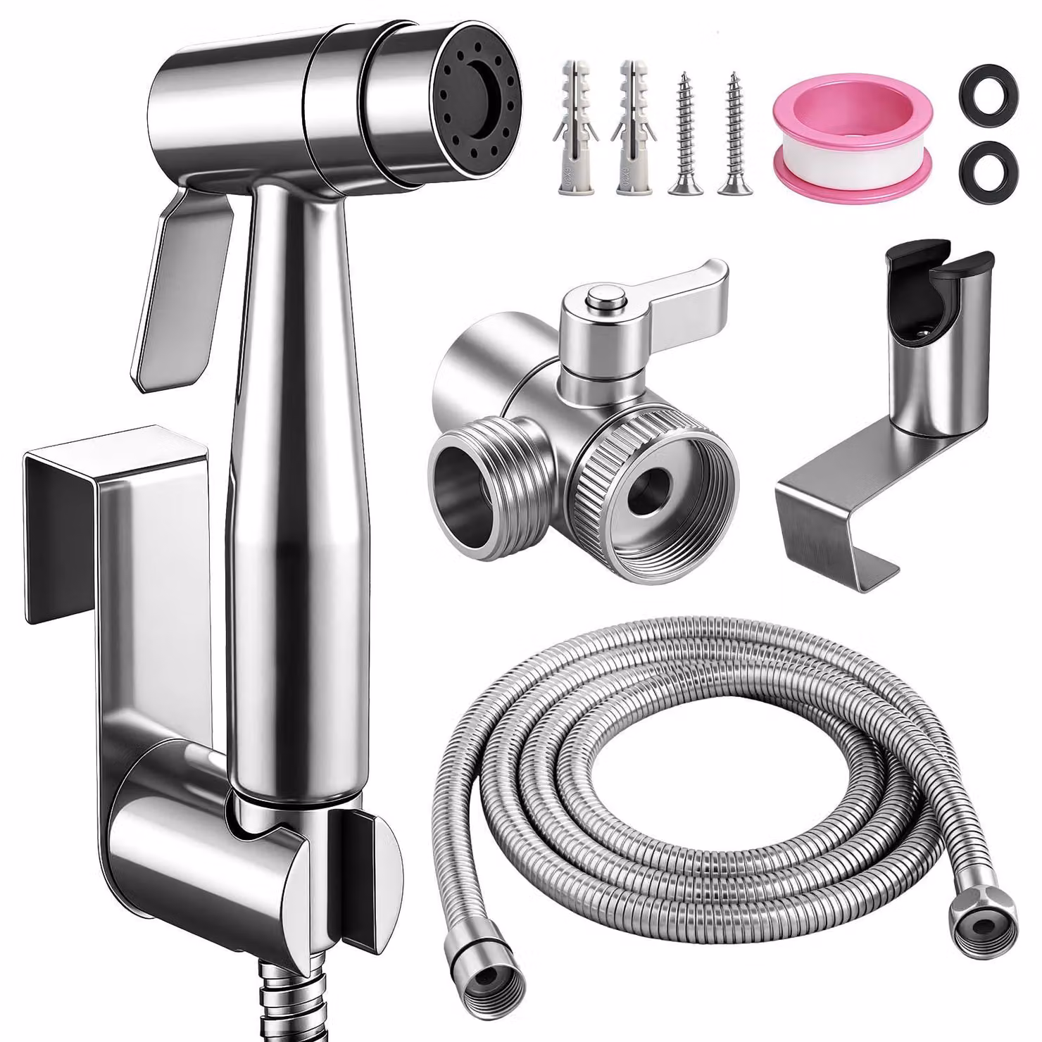 Set doccetta per bidet – Doccetta in acciaio inossidabile con tubo flessibile – Tubo flessibile per WC – Doccetta igienica per WC, cura del bambino e animali domestici – 150 cm – Argento