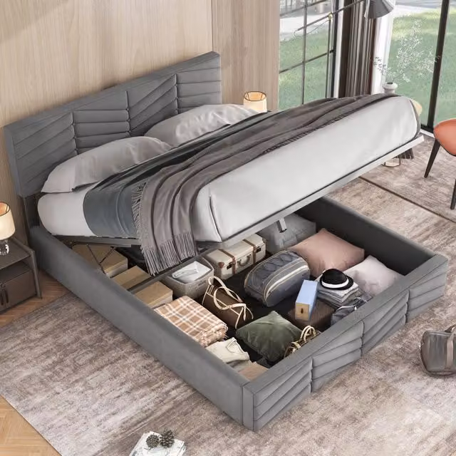 Letto contenitore matrimoniale OKWISH in velluto grigio con base a sollevamento idraulico, L/P: 140 x 190 cm