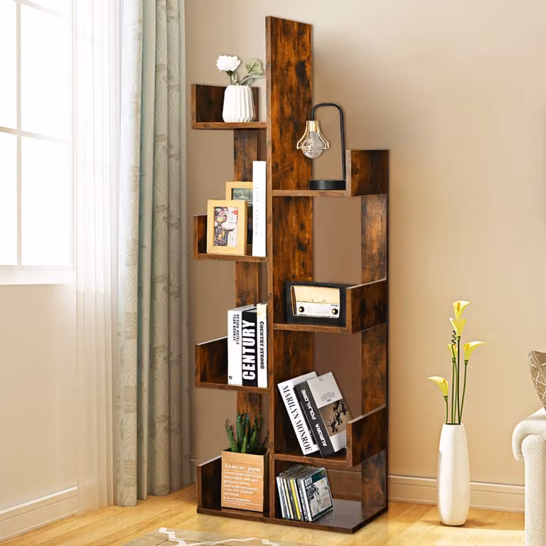 Libreria industriale a scala Costway con 8 ripiani in legno e metallo, colore marrone, ideale per soggiorno o ufficio
