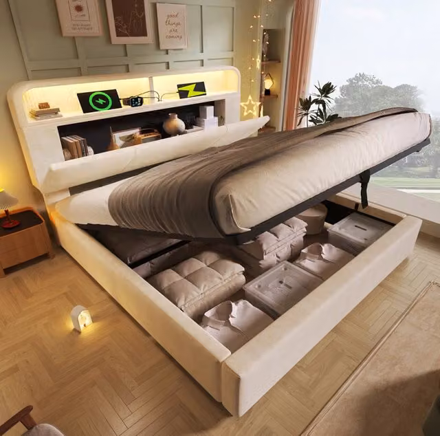 Letto matrimoniale MODFU in velluto beige con contenitore, illuminazione LED, porta USB e mensola integrata, L/P: 140 x 190 cm – 1