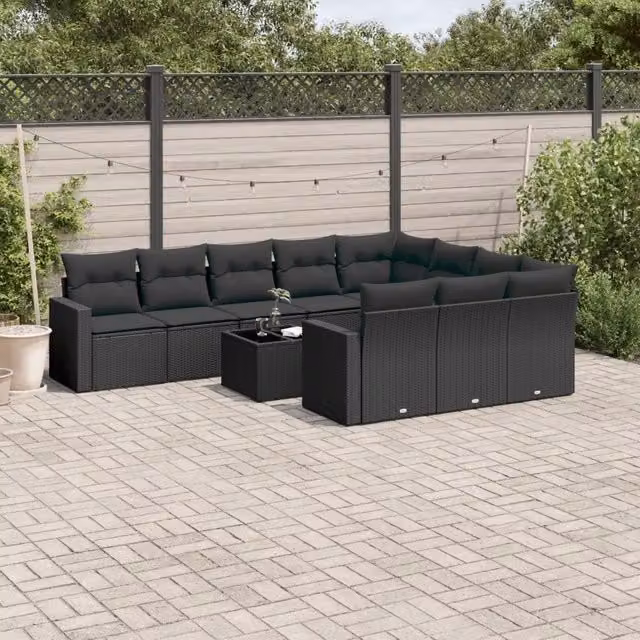 Set Divani da Giardino 11 pz con Cuscini in Polyrattan Nero 3251832