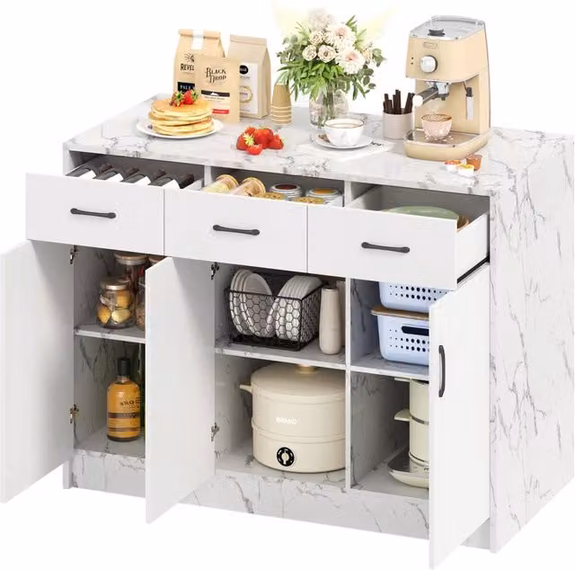 Isola da Cucina Fissa 120x60x90,5 cm Bianca Effetto Marmo con 3 Cassetti, 3 Ante e Zona Bar