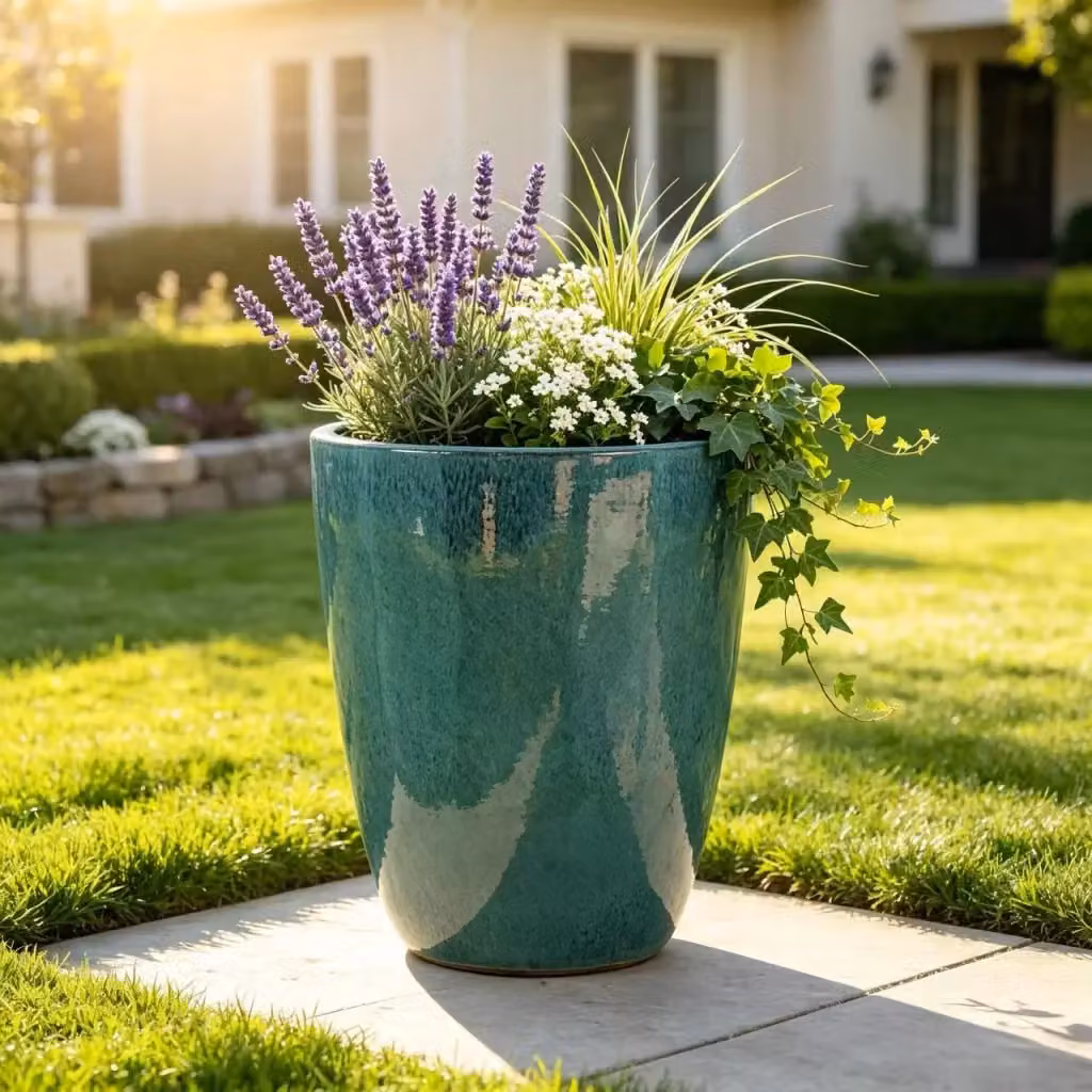Vaso WISHDOR in ceramica smaltata turchese, forma rotonda, Ø: 38,5 cm, H: 49,5 cm – 2