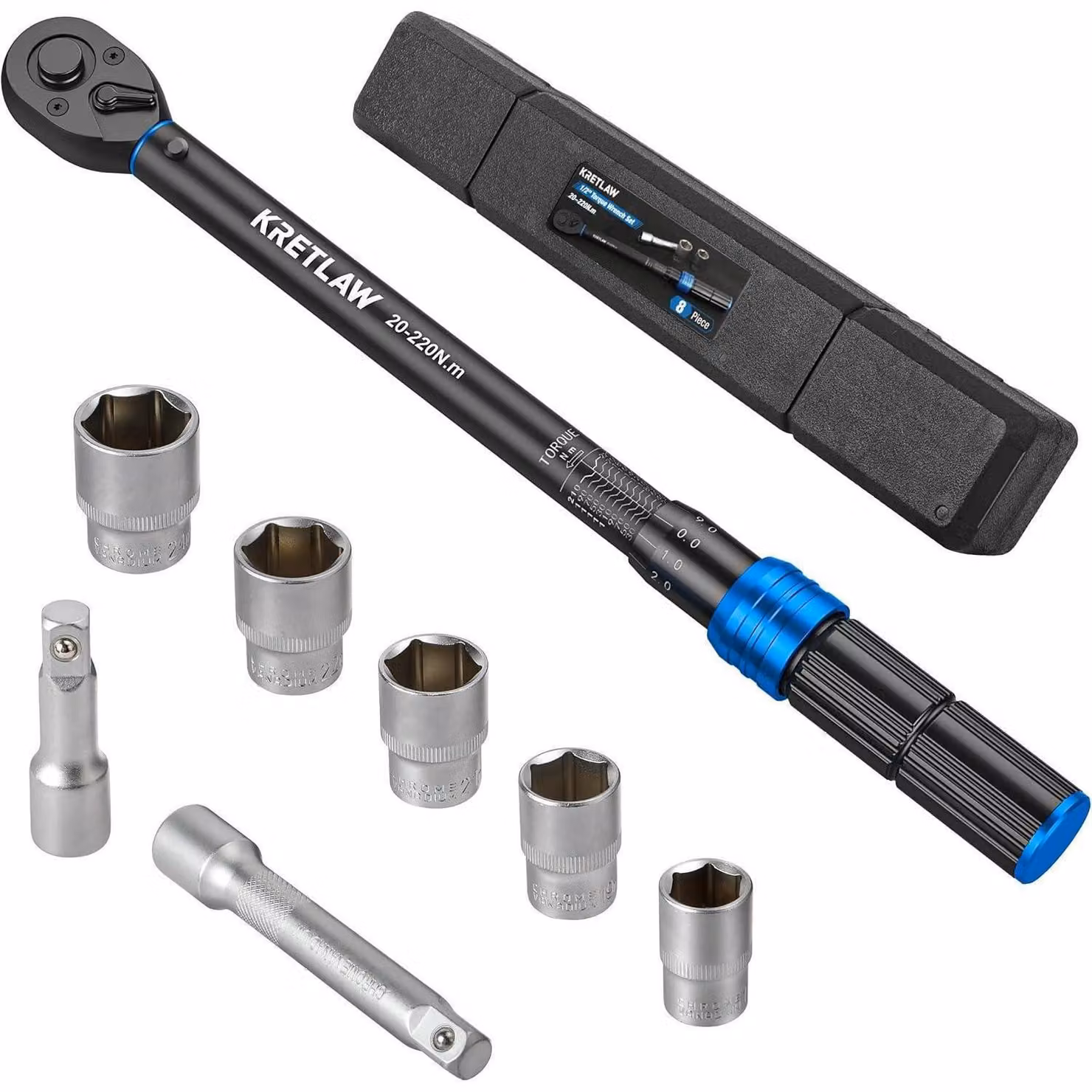 Set di chiavi dinamometriche da 8 pezzi, 1/2", 20-220 Nm, con prolunghe e bussole, per auto, moto e camion