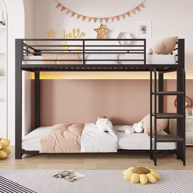 Desviae Letto a castello in metallo e MDF nero con gradini ampi e protezione anticaduta per bambini e ragazzi