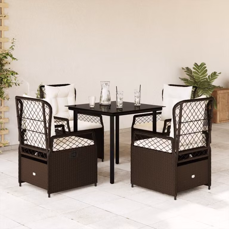Set da Pranzo da Giardino 5pz vidaXL in Polyrattan Marrone con Cuscini e Tavolo in Vetro