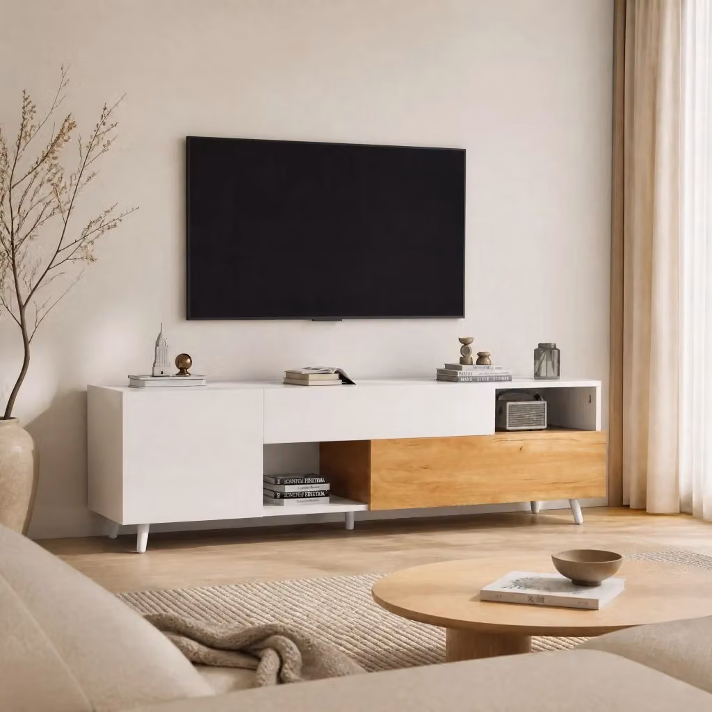 Mobile TV moderno MIVRAY in MDF bianco e legno naturale con 1 cassetto, anta a ribalta e 2 vani semiaperti, L: 180 cm, P: 38 cm, H: 50 cm – 2