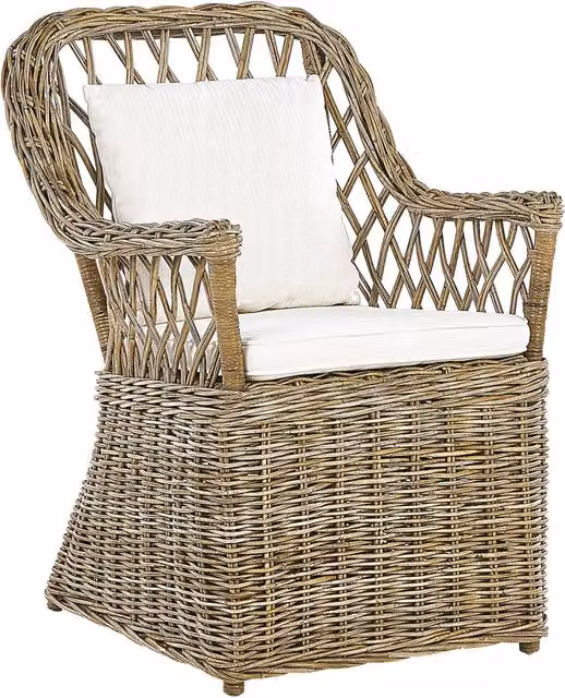 Poltrona da giardino Beliani in rattan naturale marrone con cuscini in cotone bianco per interni ed esterni L: 70 cm, P: 60 cm, H: 90 cm