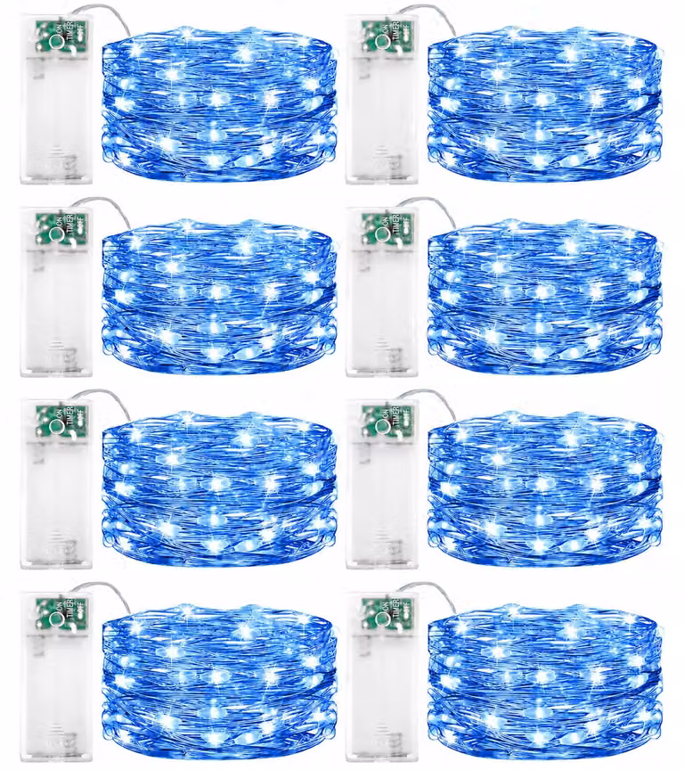 Catena luminosa a LED, 2 metri, 20 LED blu, con timer, confezione da 8