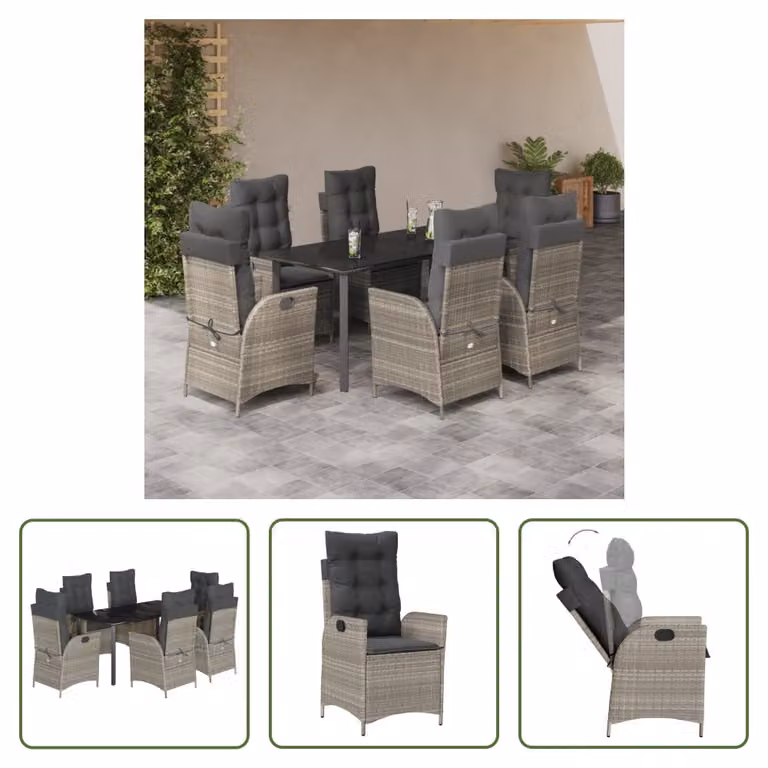 The Living Store Set da pranzo da giardino 7 pezzi con cuscini in poly rattan grigio chiaro