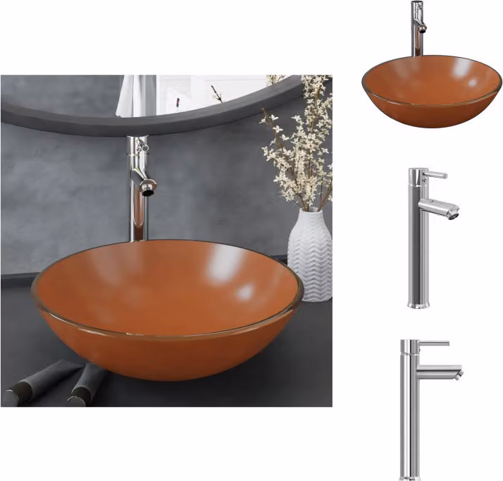 vidaXL Lavandino da bagno con rubinetto e scarico a scomparsa Marrone Vetro temperato - Lavandino da bagno