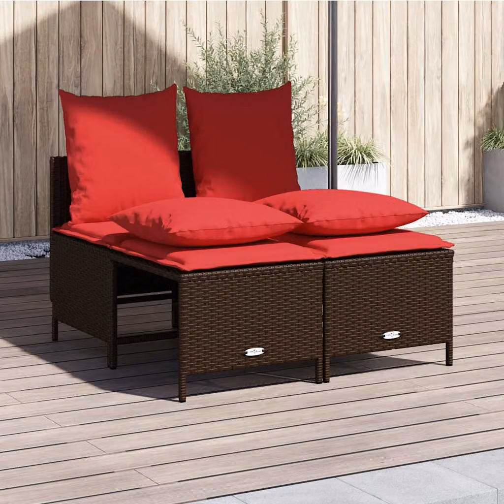 Set di divani da giardino vidaXL a forma di L composto da 4 pezzi con cuscini marroni e struttura in metallo e rattan