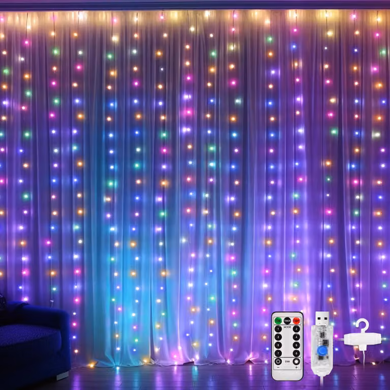 Tenda luminosa a LED, dimensioni 3x3 metri, 300 LED, alimentazione USB, 8 modalità, telecomando, multicolore
