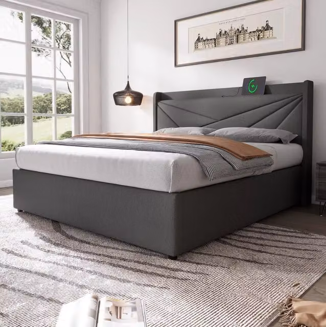 Letto matrimoniale 180x200 cm con ricarica USB e Type-C; cotone lino; grigio (Senza materasso)