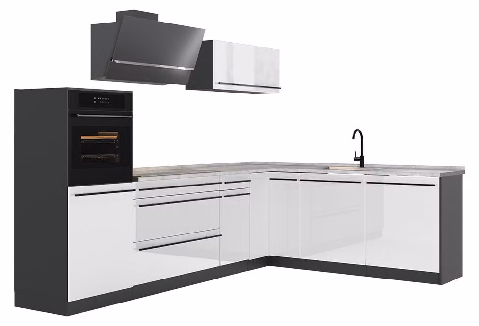 Cucina angolare completa Vicco R-Line Bianco lucido/Antracite 287 x cm piano di lavoro Marmo, Model 66763