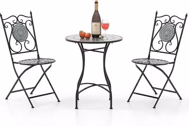 Set da Giardino 3 Pezzi,Set da Pranzo in Metallo Robusto a Mosaico, con 2 Sedie Pieghevoli, Set Tavolo e Sedie per Interno ed Esterno (Nero+Grigio)