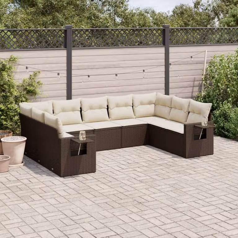 Set Divani da Giardino vidaXL 9 Pezzi in Polyrattan Marrone con Cuscini e Tavolino da Esterno a Forma di L