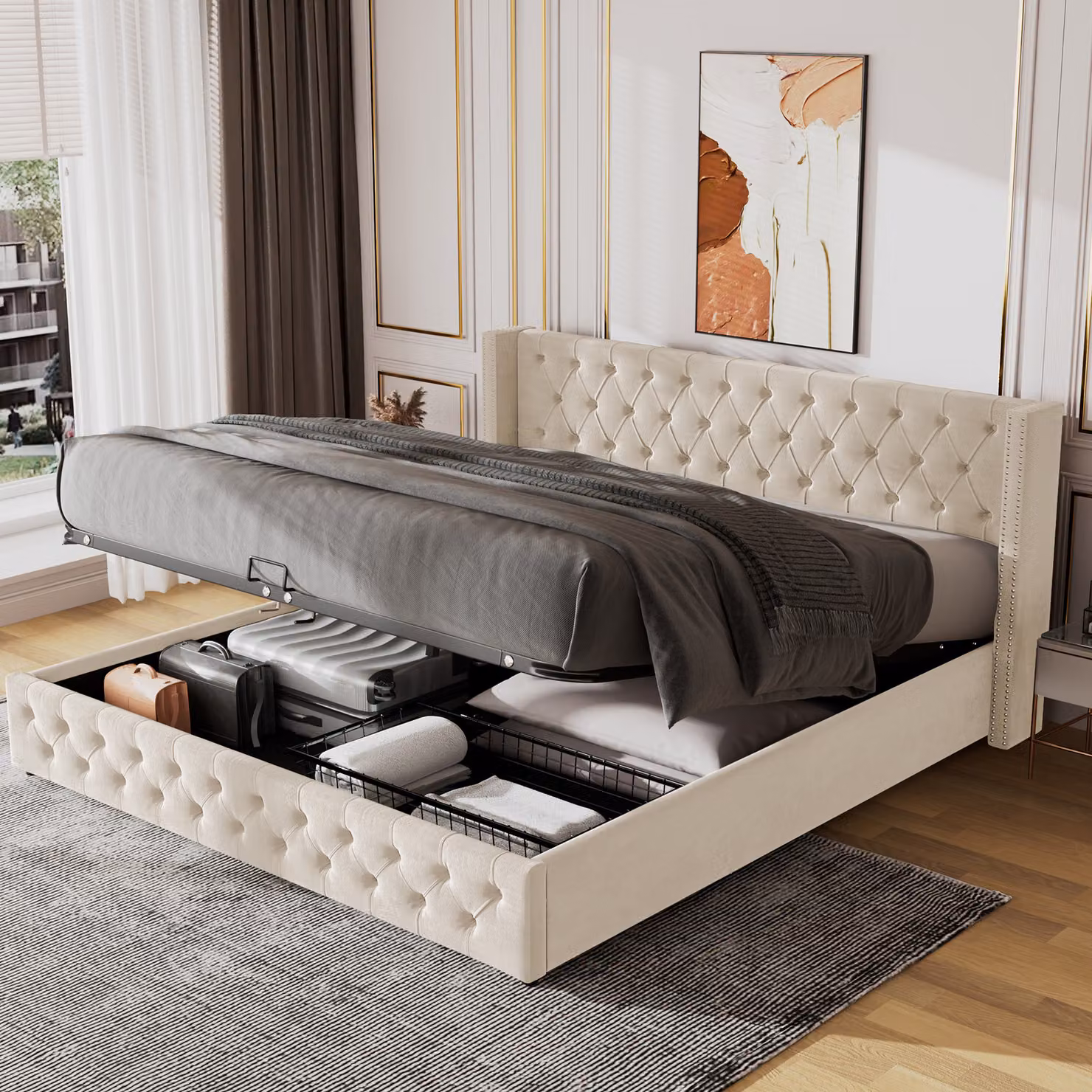 MODFU Letto imbottito matrimoniale 180 x 200 cm, letto contenitore idraulico con rete a doghe e box letto, doppia fila di rivetti in flanella, beige (senza materasso)