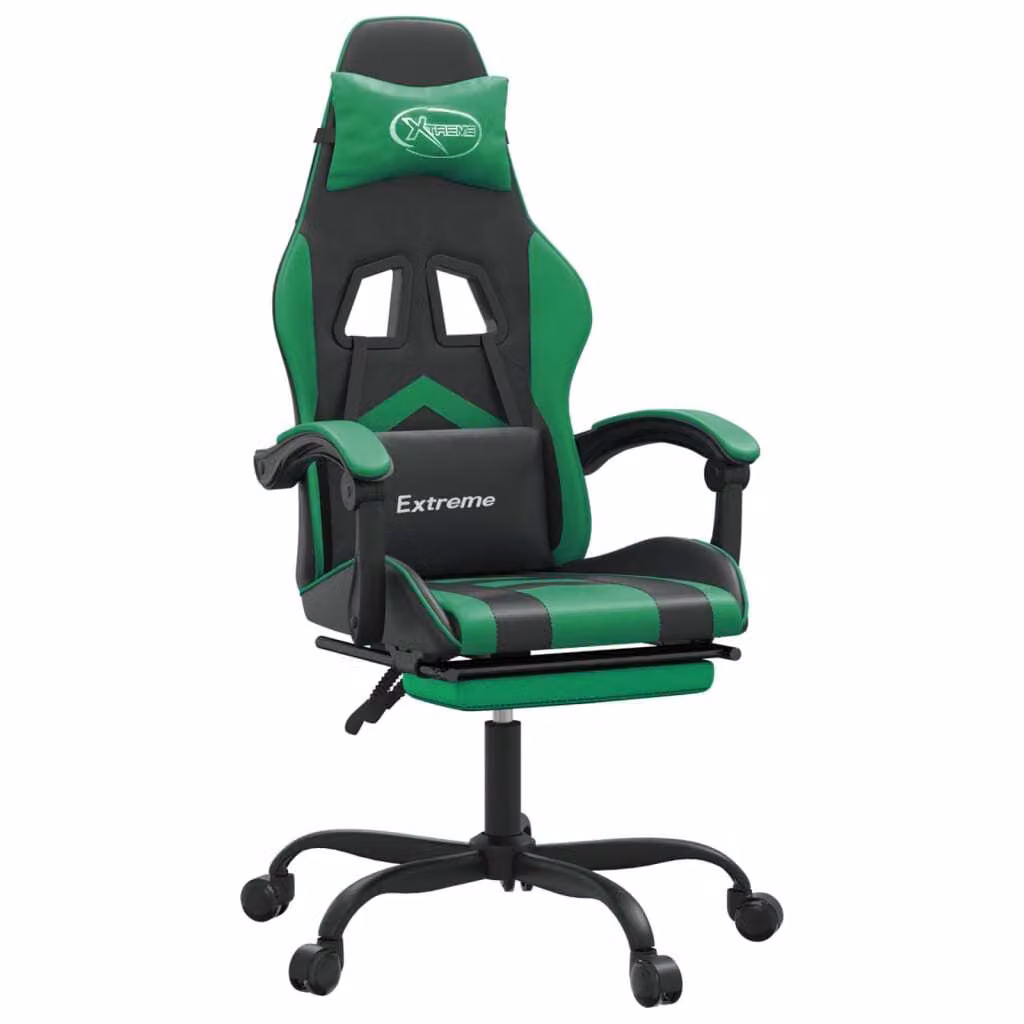 Sedia da Gaming Girevole con Poggiapiedi Nero Verde Pelle finta