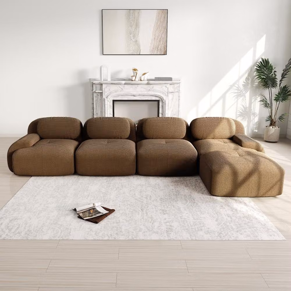 Divano angolare marrone per 4 persone, con chaise longue, divano modulare in corda marrone, struttura senza telaio, imbottitura in schiuma 32D, antiscivolo e senza necessità di montaggio