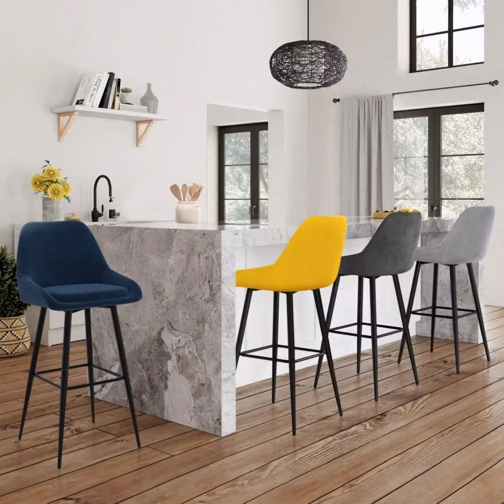 Set di 4 sgabelli da bar THALYA IDMarket in velluto, colori misti blu, grigio chiaro, grigio scuro e giallo – 2