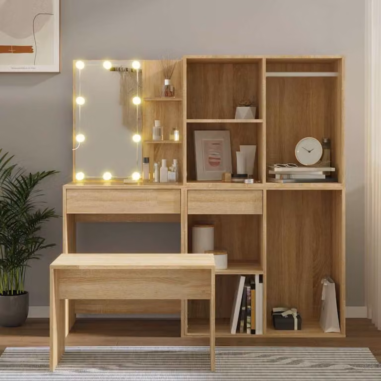 Set Tavolo da Toeletta con LED vidaXL in Legno Multistrato, Colore Marrone, L: 140 cm, P: 40 cm, H: 60 cm