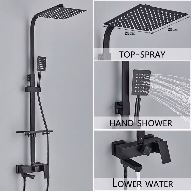 Set doccia per vasca da bagno - Miscelatore per vasca con tre uscite - Doccia a pioggia da 25 cm - Doccetta manuale e rubinetto - Montaggio a parete - Nero/Cromo
