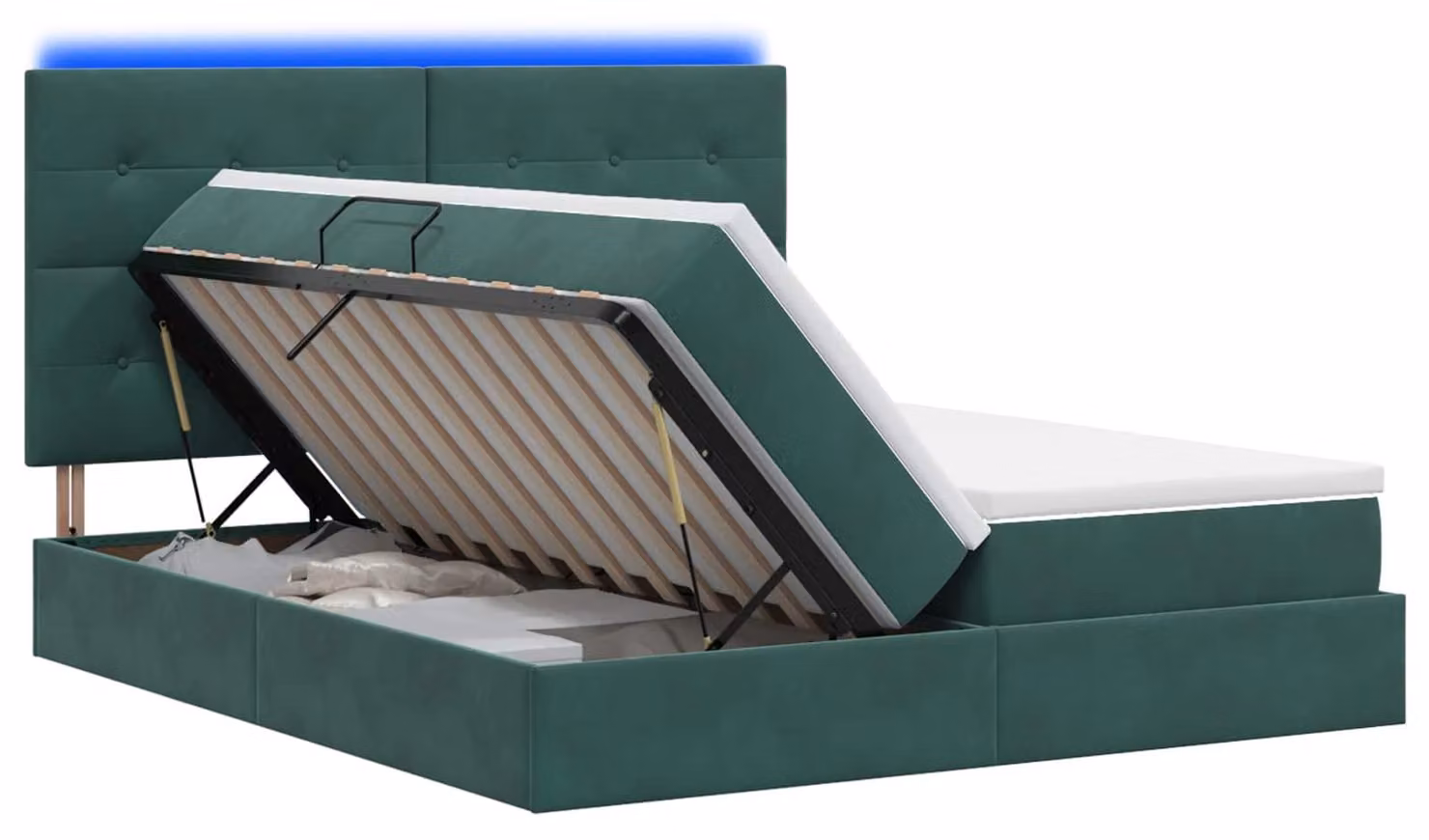 Letto imbottito con tecnologia LED e materasso, colore verde scuro, dimensioni 180 x 200 cm, rivestito in velluto