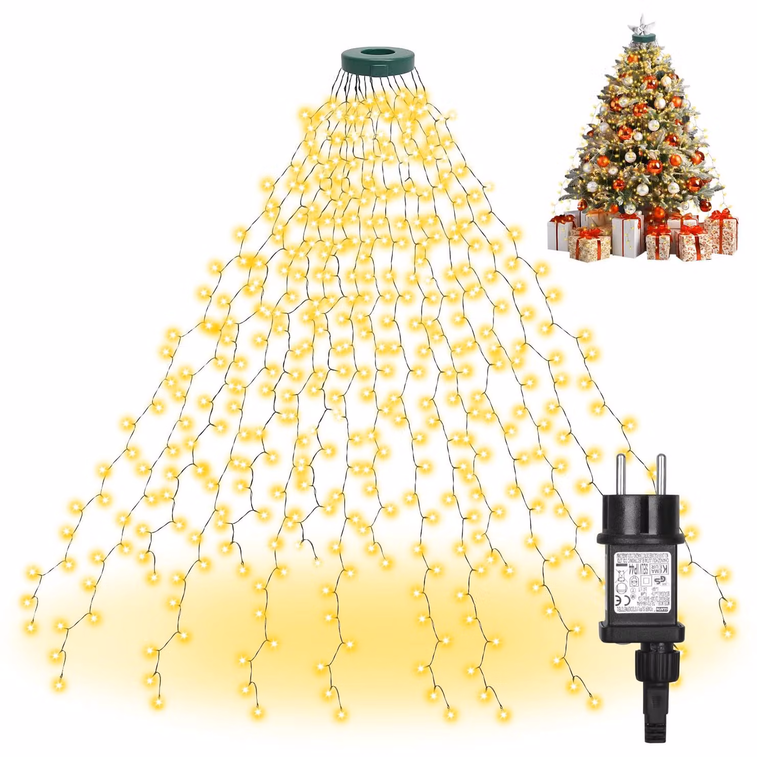 Catena luminosa da 3 metri con 448 LED, ideale per l'illuminazione dell'albero di Natale, con anello protettivo IP44 e 8 modalità di illuminazione, luce bianco caldo