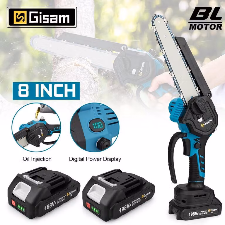 Mini motosega - Sega da giardino a batteria - Lama da 20 cm - Motore brushless - 2 batterie - Sistema da 18 V - Impugnatura antiscivolo - Blu