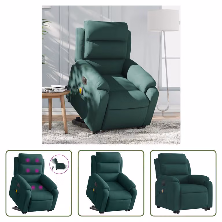 The Living Store Poltrona massaggiante con ausilio per la risalita Elettrica Velluto verde scuro
