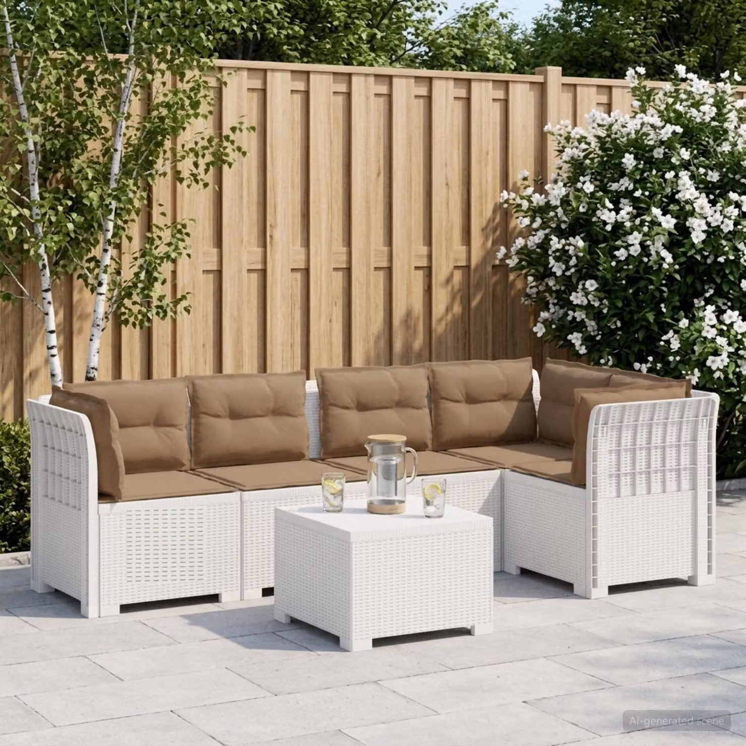 Set da giardino vidaXL a forma di L con divano da 3 posti, elemento angolare, tavolino da caffè e cuscini, in polyrattan bianco e beige