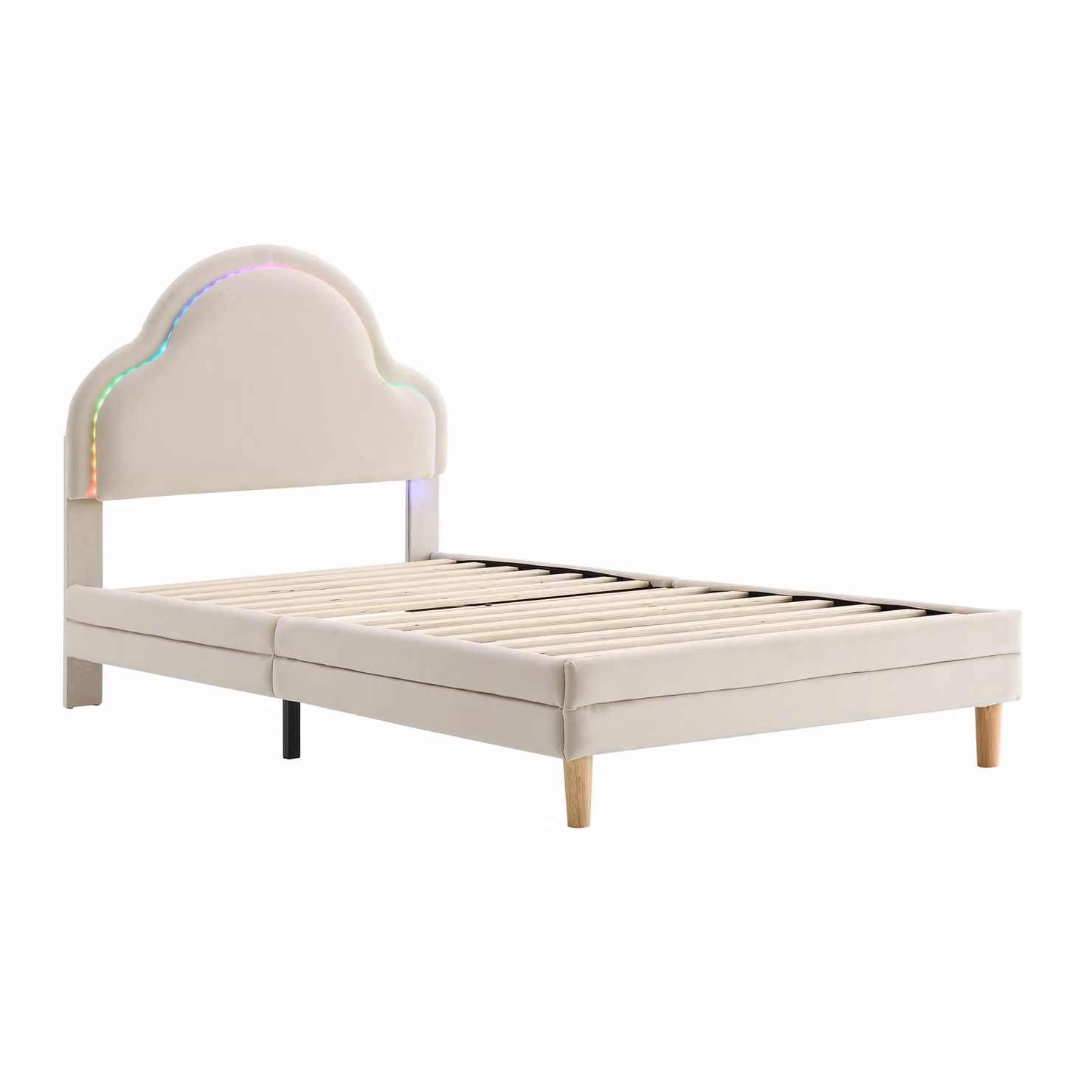 Letto Imbottito Aosom Italy con Testiera a Forma di Nuvola in Velluto, Striscia LED e Doghe in Legno, Bianco, 90x200 cm – 2