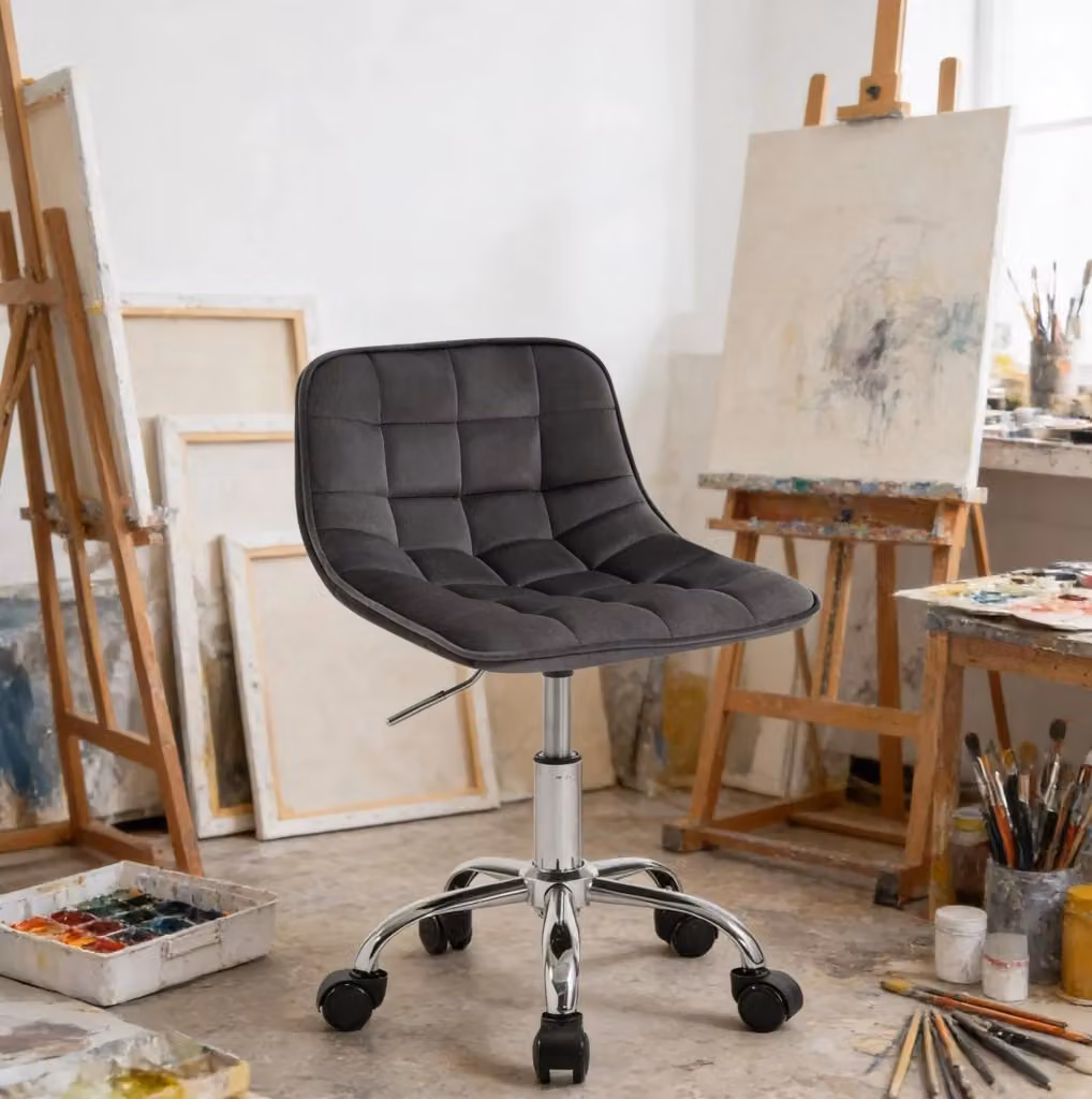Sgabello da ufficio girevole in velluto grigio con base in metallo e ruote per casa e ufficio – 2