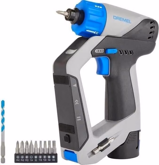Avvitatore a batteria DREMEL Blueprint DD12V-S1, 12 V, 2 Ah, 9 accessori, rilevatore di materiali, livella laser