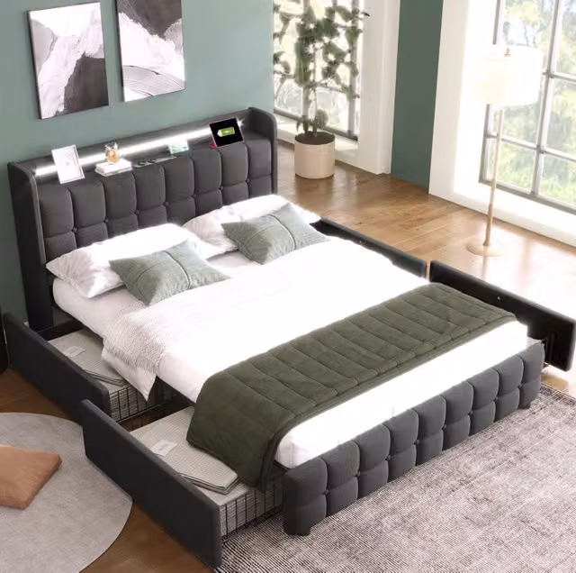 Letto matrimoniale imbottito ULEVR 140x200 cm con 4 cassetti, LED, prese e USB, grigio
