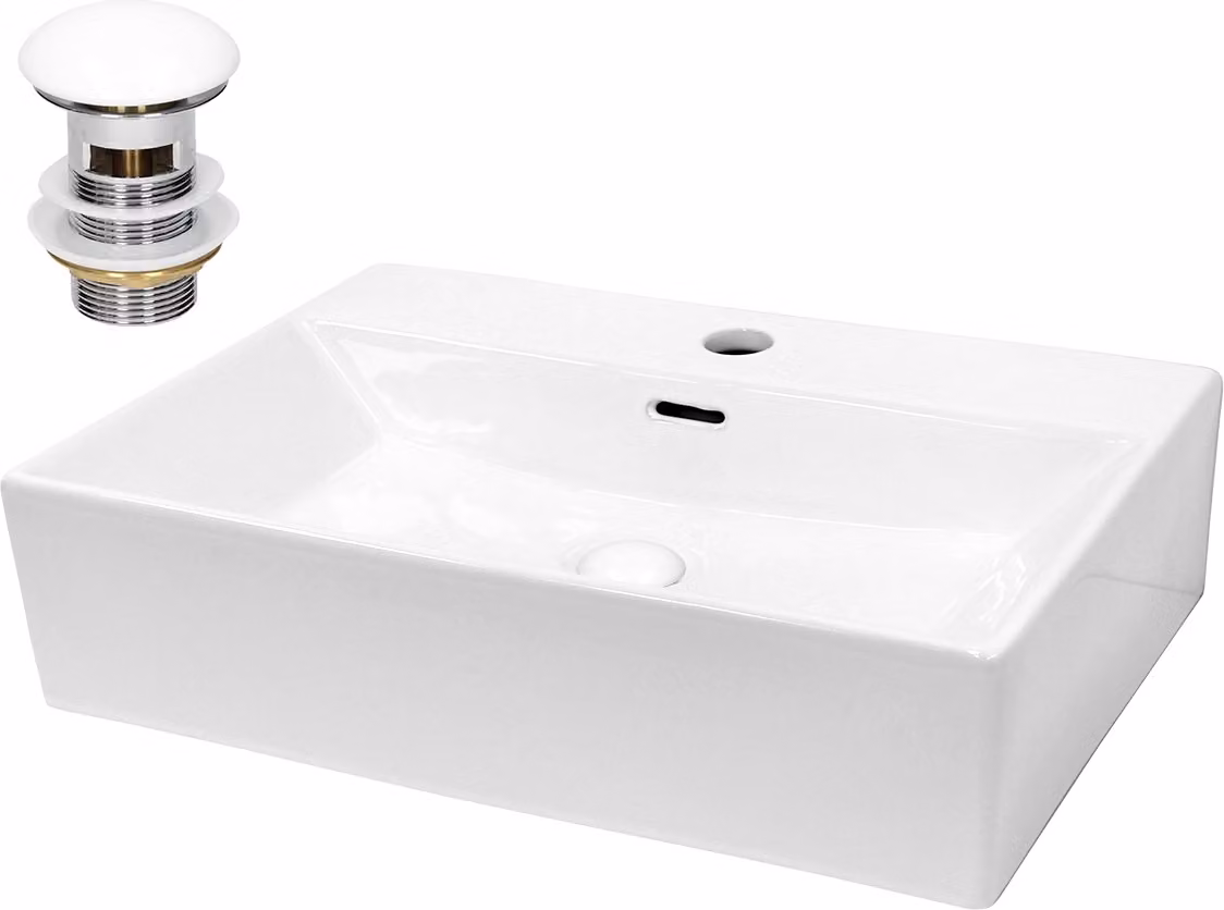 Lavabo LuxeBath Lavabo da appoggio Square, 51,5x36x13 cm, bianco, in Vetroceramica, incl. set di scarico con troppopieno