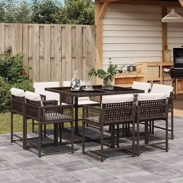 Set da Pranzo da Giardino 9pz con Cuscini Marrone in Polyrattan 3211557
