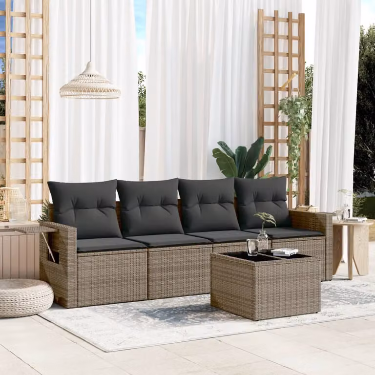 vidaXL Set Divano da Giardino 5 pz in Polyrattan Grigio con Cuscini e Tavolino