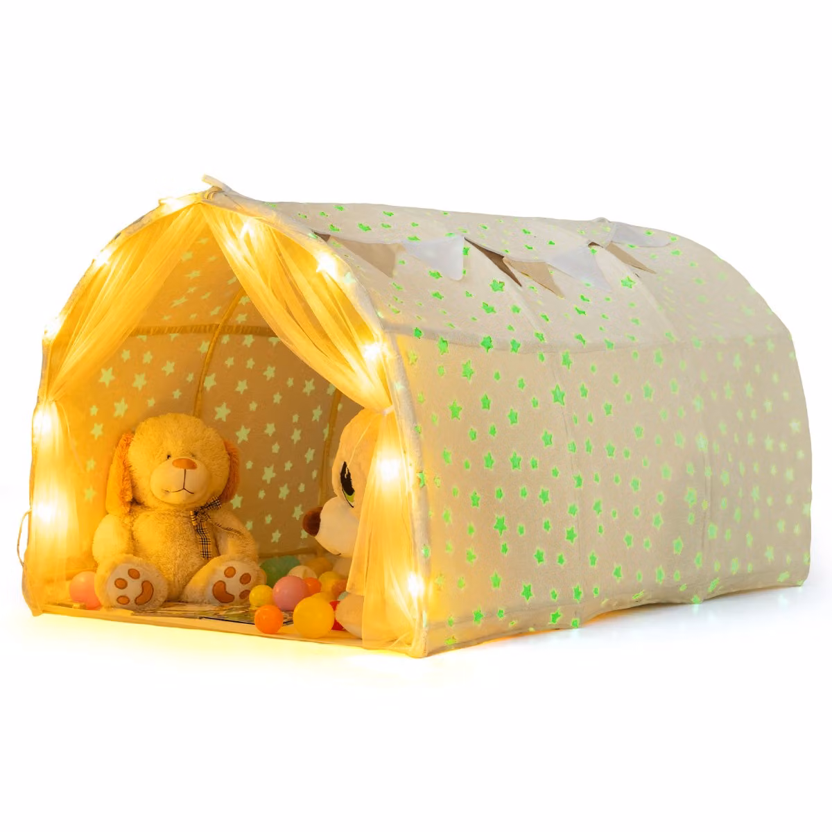 Tenda da gioco interna per letto a castello singolo con stelle luminose al buio Costway, colore beige