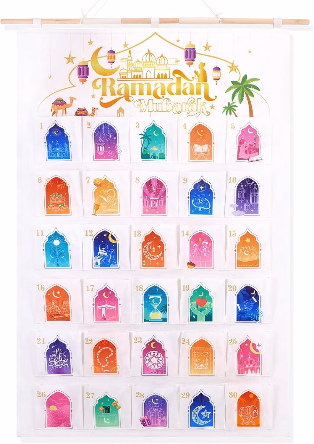 Calendario dell'Avvento per il Ramadan, da appendere al muro, realizzato in tessuto. Da riempire. Calendario riutilizzabile. Borsa in tessuto. Eid Mubarak