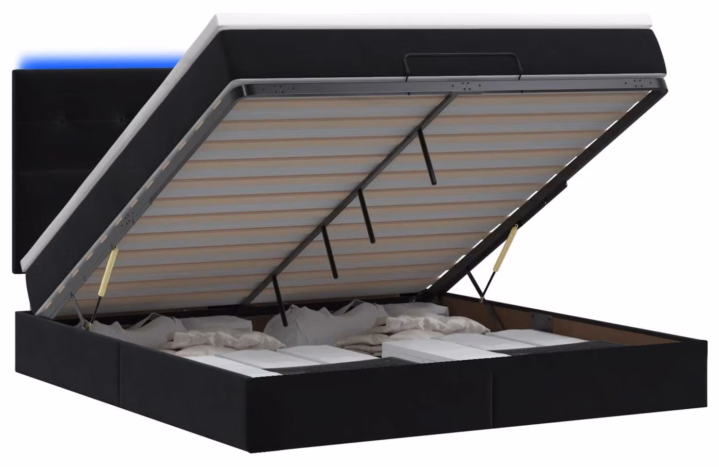 Panca contenitore con materasso e luci LED, colore nero, 140 x 200 cm, rivestita in velluto