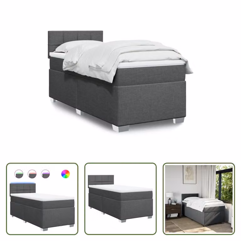 The Living Store Letto a molle con materasso grigio scuro 80x200 cm in tessuto