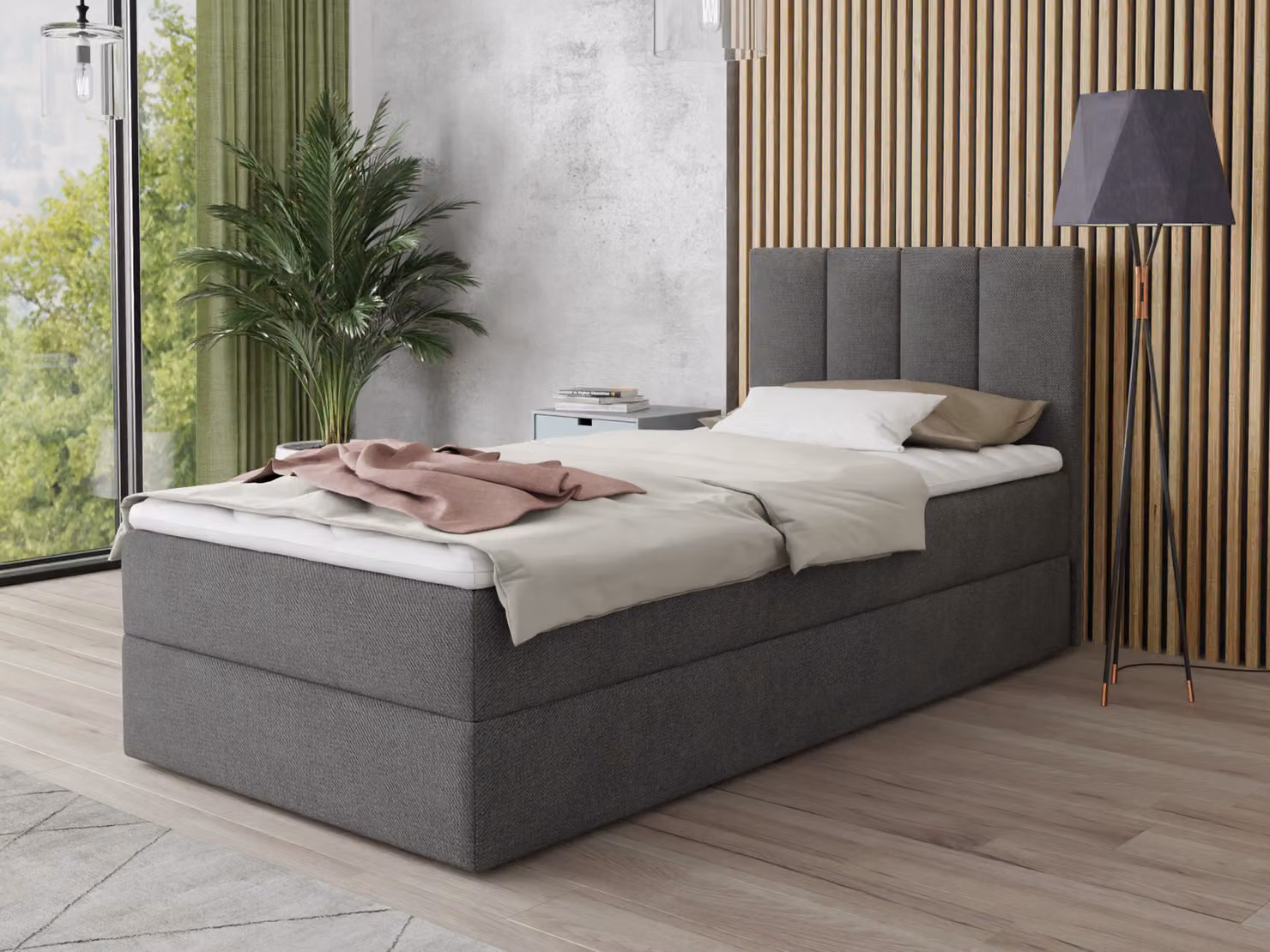 Letto boxspring Star Mini con contenitore, materasso Bonell e coprimaterasso - Letto singolo con coprimaterasso, letto imbottito, letto, camera da letto, camera dei ragazzi (grigio scuro (Kronos 22), 80 x 200 cm)