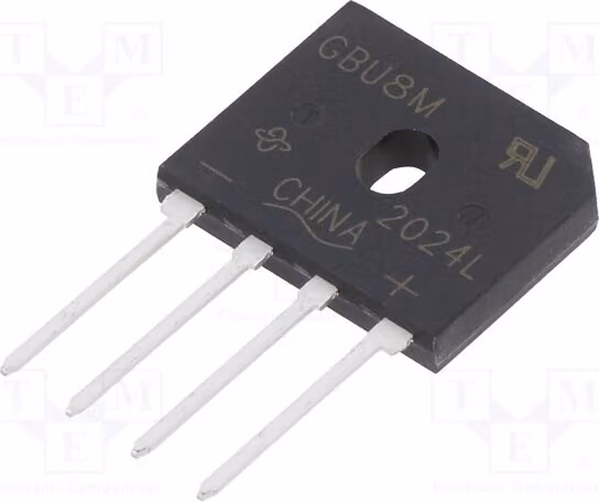 1x Raddrizzatore a ponte monofase. Corrente di corto circuito (Ifsm): 200A. Corrente nominale (If): 8A. Tensione massima (Urmax): 1kV. Modello: GBU GBU8M-E3/51