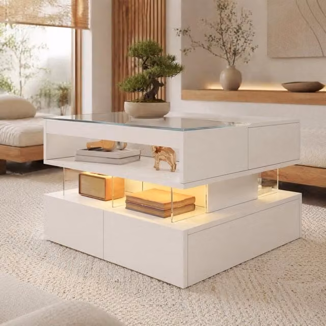 Tavolino basso alzabile Mivray con piano in vetro trasparente e illuminazione LED, colore bianco, L: 70 cm, P: 67 cm, H: 57 cm
