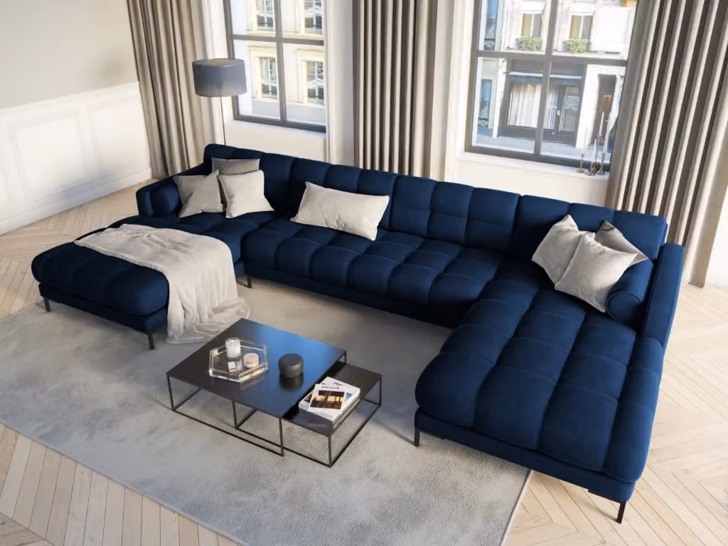 Divano panoramico Bali da 7 posti Cosmopolitan Design in velluto blu con struttura in metallo L/P/H: 383 x 155 x 75 cm – 2