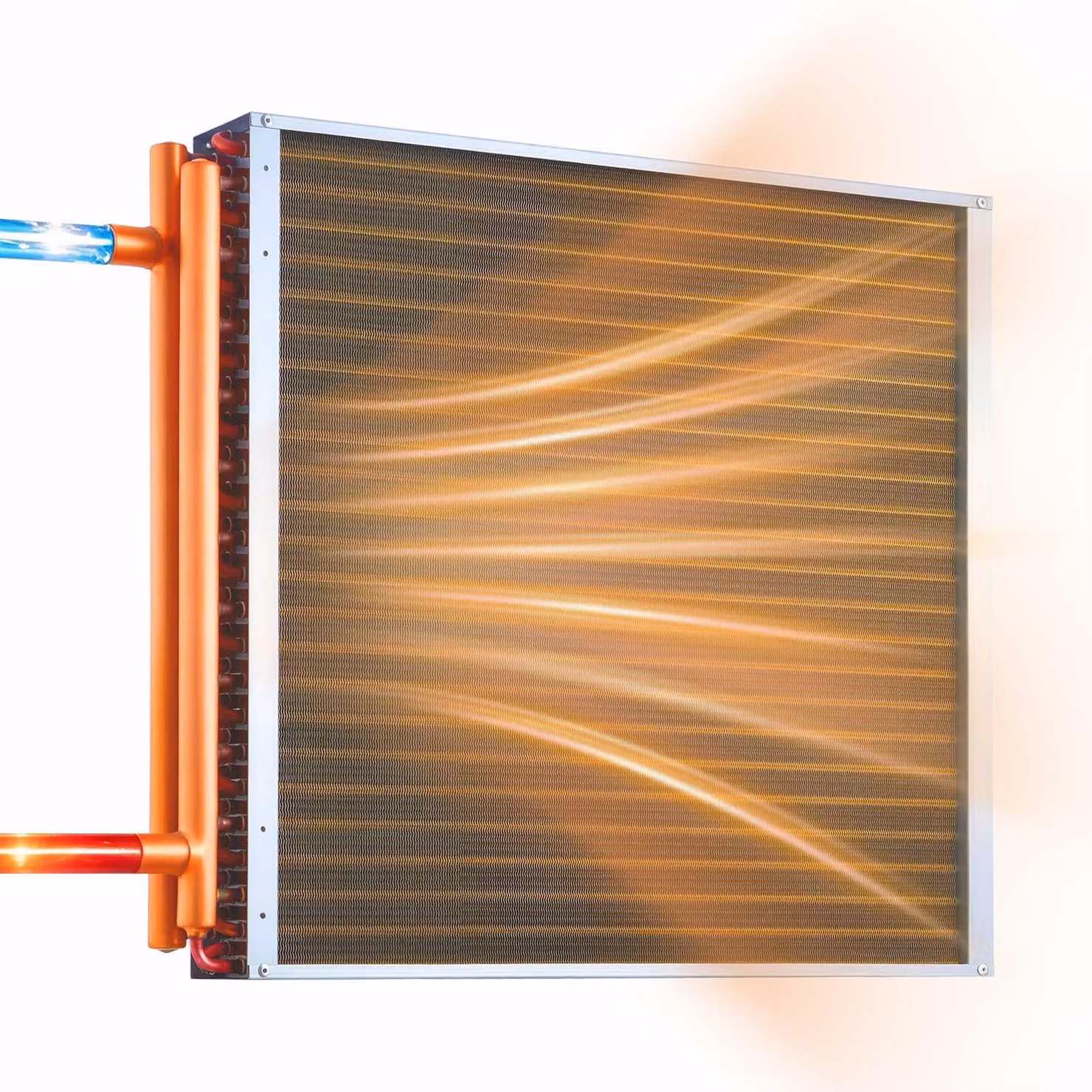 Scambiatore di calore a lamelle aria-acqua - Dimensioni 610x610 mm - Potenza termica 65,9 kW - Raccordi in rame - Lamelle in alluminio - Pressione di esercizio 2,5 MPa - Adatto per riscaldamento e raffreddamento in ambienti interni