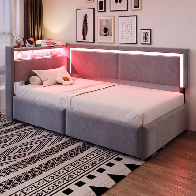 Divano letto 90x200 cm con contenitore; LED e USB in velluto grigio chiaro