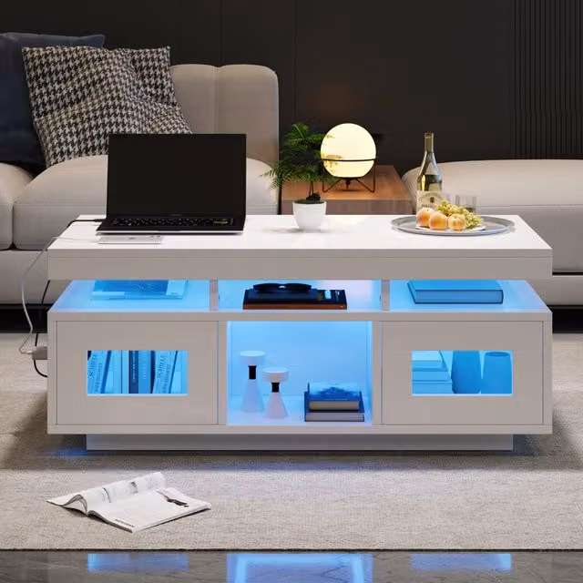 Tavolino da caffè MODFU bianco lucido con contenitore e design moderno L/P/H: 100 x 50 x 43 cm – 1